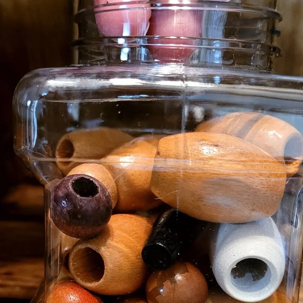 Jug of Multi-Colored Small, Med. Large Wooden Beads & Small Colored Clothespins